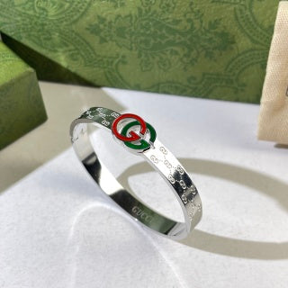 Gucci Interlocking G Web Stripe Engraved Cuff Bracelet