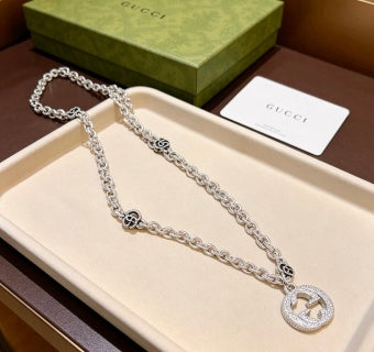Gucci GG Crystal Circle Pendant Silver Chain Necklace